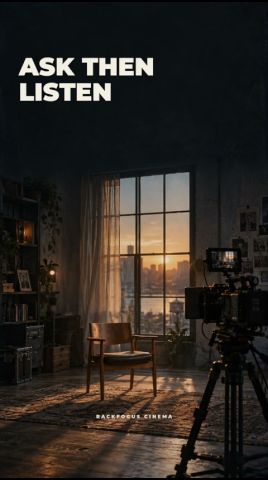 Ask Then Listen title above an AI-generated interview room with a chair, window and cinema camera.